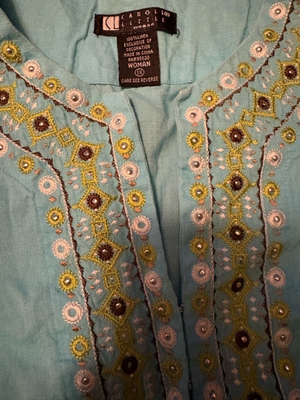 Carole Little 1X 100% Linen Embroidered Tunic Top Boho Aqua Beaded EUC - Picture 3 of 4